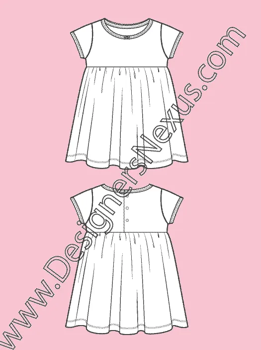 006 Fashion Flat Sketch of a toddler girls', short sleeves baby doll dress.