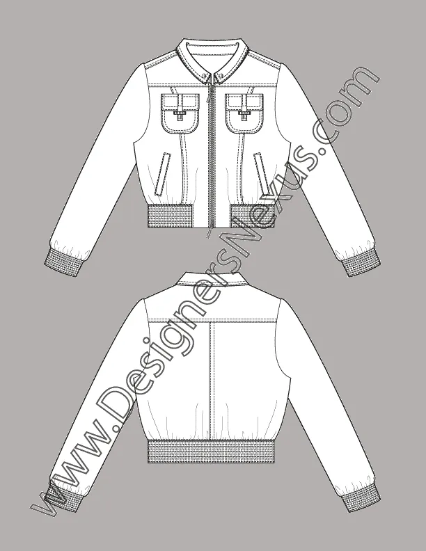 006 Fashion Flat Sketch of a women's, folded notch collar, cropped windbreaker jacket.