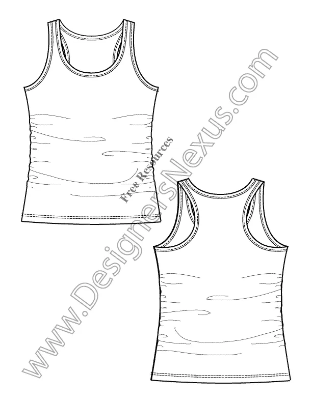 006 Fashion Flat Sketch of a women's, ruched sides, racer back, tank top.