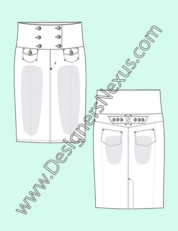 006 Fashion Flat Sketch of a women's, high waist, doubled closure straight skirt.