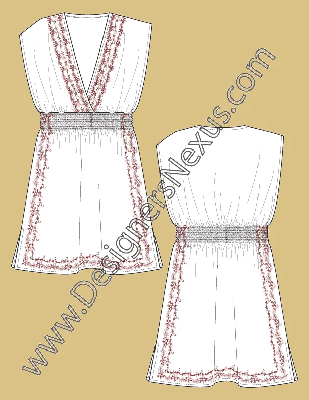 006 Fashion Flat Sketch of a women's, deep V-neck, smocked waist dress.