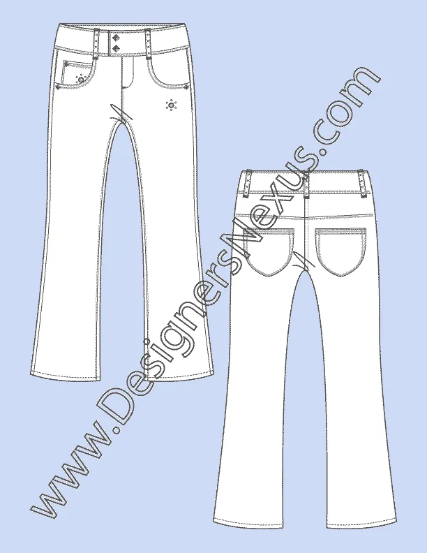 007 Fashion Flat Sketch of a women's, wide waistband, boot cut jeans.