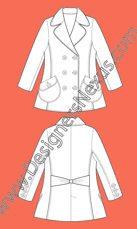 007 Fashion Flat Sketch of a women's, double breasted coat with round patched pockets.