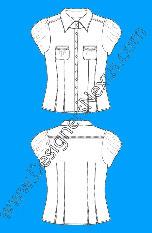 007 Fashion Flat Sketch of a women's, puff sleeves shirt with pouch chest pockets and bottom pleats.