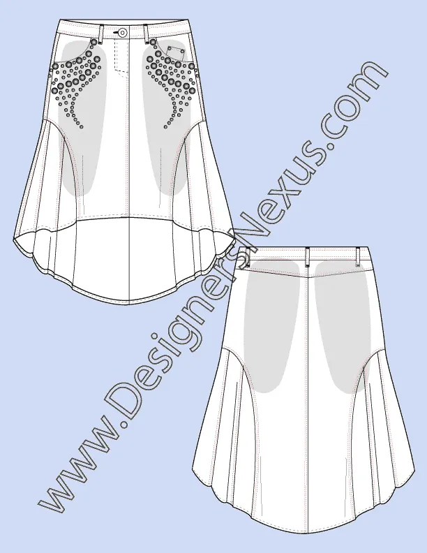 007 Fashion Flat Sketch of a women's, high-low hemline skirt with side inserts.