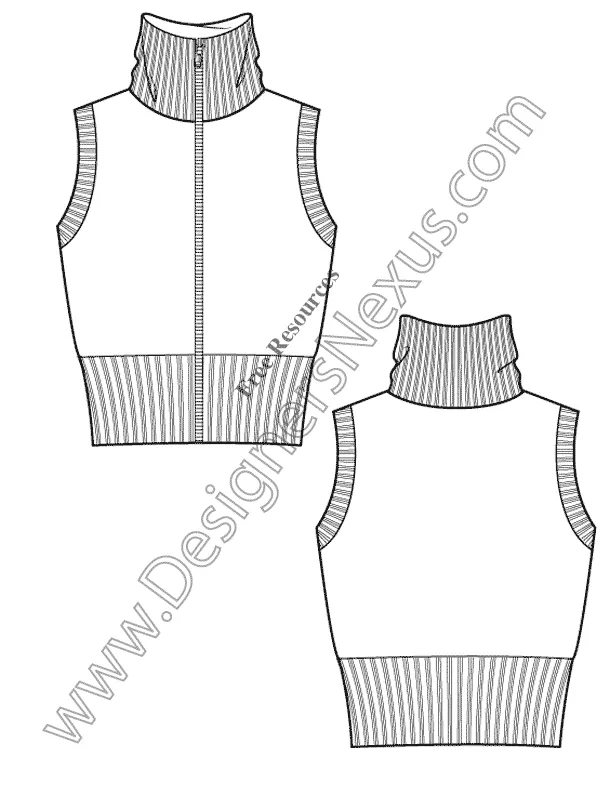 007 Fashion Flat Sketch of a women's, sleeveless, zip-up, funnel collar sweater (vest)