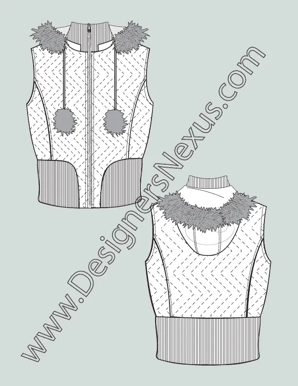 007 Fashion Flat Sketch of a women's, sleeveless hoodie (vest) with fur trim.