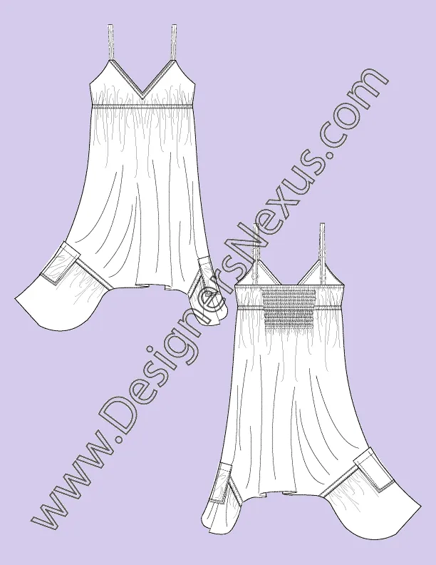 007 Fashion Flat Sketch of a women's, empire seam, shoulder strap dress with bottom side pockets.