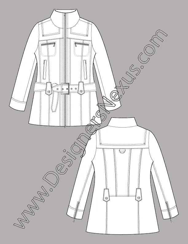 008 Fashion Flat Sketch of a women's, low waist, funnel collar coat.