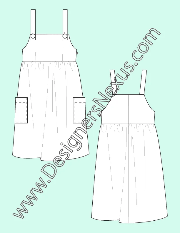 008 Fashion Flat Sketch of a women's, shoulder strap jumper with side pockets.