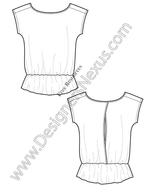 008 Fashion Flat Sketch of a women's, short kimono sleeves, peplum knit top with back slit.