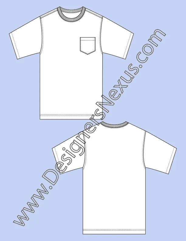 008 Fashion Flat Sketch of a men's, crew neck T-shirt with 5-corners chest pocket