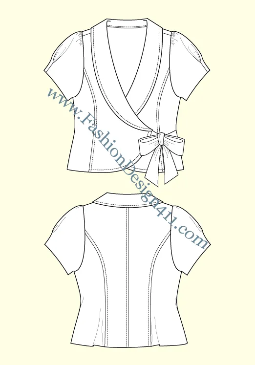 008 Fashion Flat Sketch of a women's, shawl collar, surplice blazer with front bow tie.