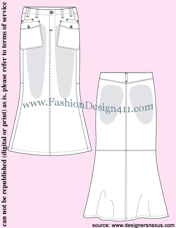 008 Fashion Flat Sketch of a women's maxi, fish tail skirt.