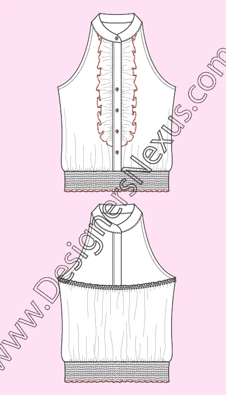 008 Fashion Flat Sketch of a women's, jabot, halter blouson with smocked bottom