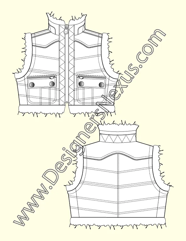 008 Fashion Flat Sketch of a women's cropped, sleeveless jacket (vest) with fur trim.