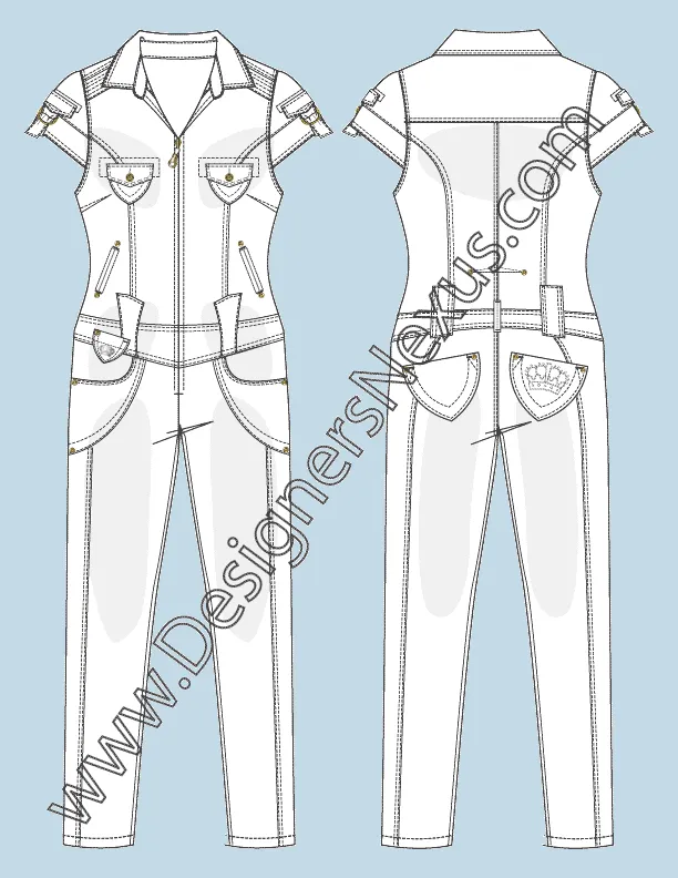 008 Fashion Flat Sketch of a women's skinny bottom, zip-up jumpsuit.