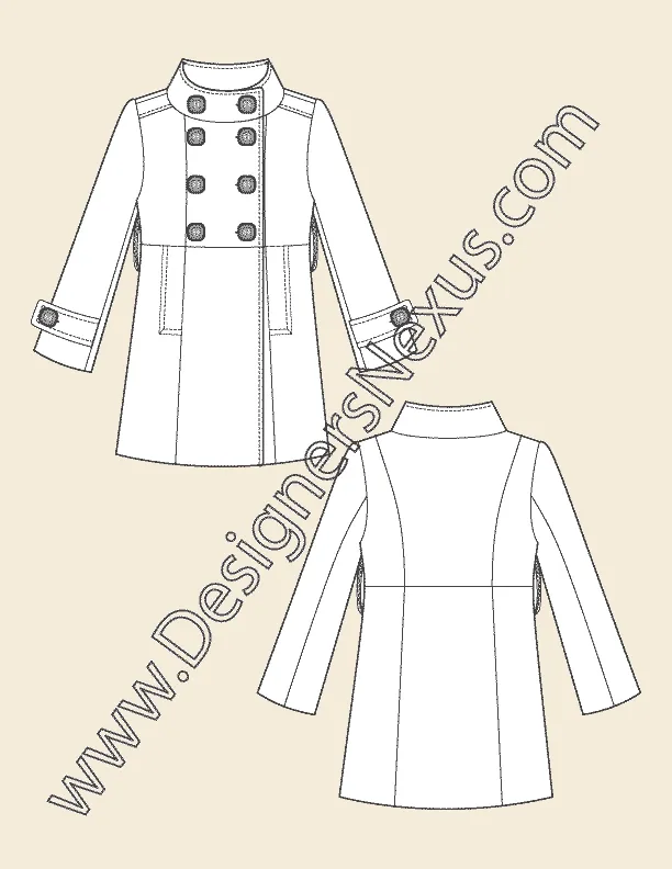 009 Fashion Flat Sketch of a women's. double breasted coat with collar stand.