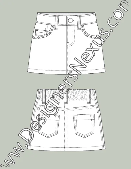 009 Fashion Flat Sketch of a women's, elastic back, mini skirt.