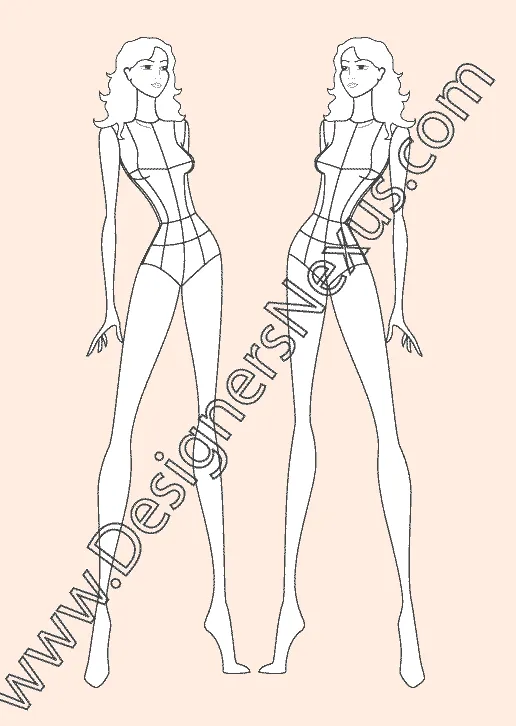 009 Women's fashion croqui template of a 3/4 view K-Girl Model with garment style lines - group 11