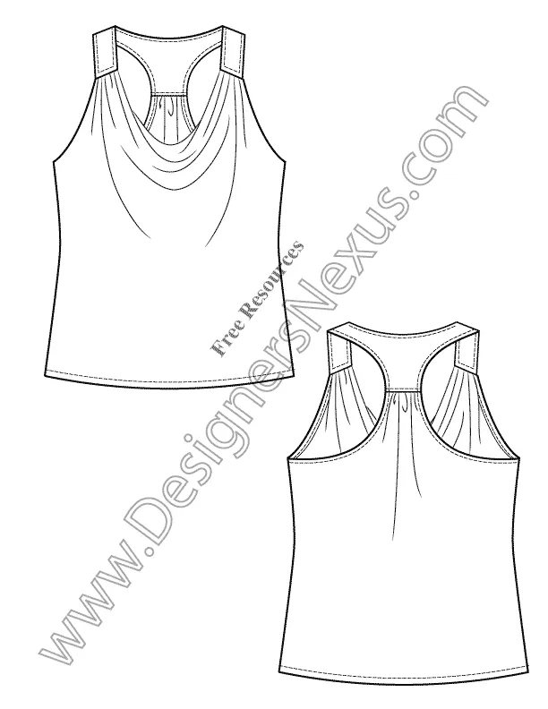 009 Fashion Flat Sketch of a women's, cowl front neckline, racer back knit top.