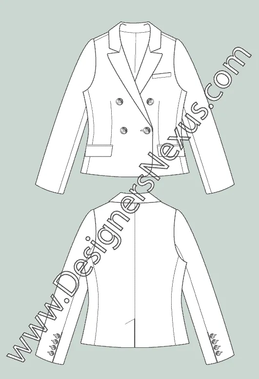 009 Fashion Flat Sketch of a women's classic, double breasted blazer.