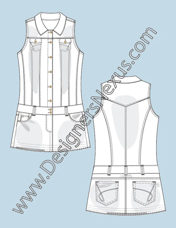 009 Fashion Flat Sketch of a women's low wast, denim dress.