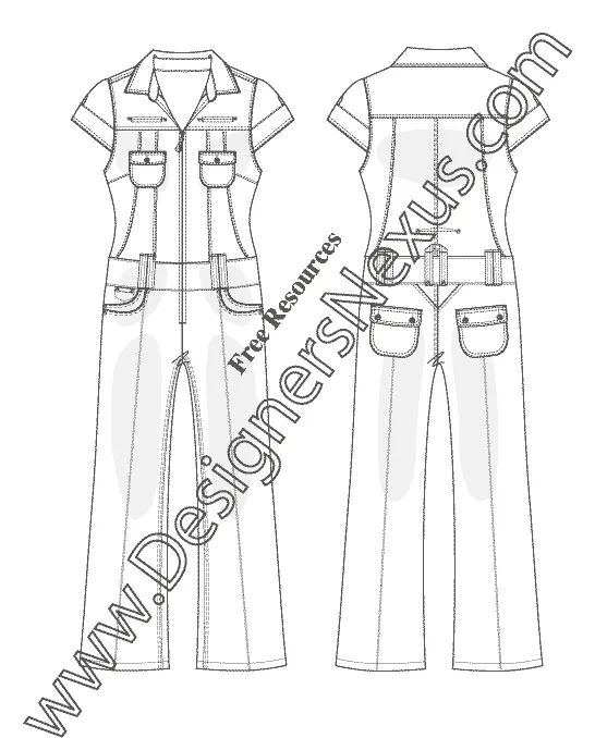 009 Fashion Flat Sketch of a women's, cap sleeves, boot cut jumpsuit.