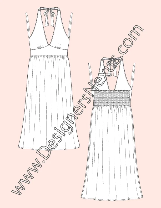 Fashion Flat Sketch of a women's, tied at the back, halter dress