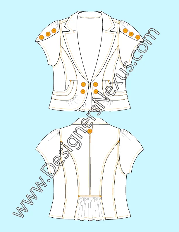 010 Fashion Flat Sketch of a women's, buttoned cap sleeves, cropped jacket.