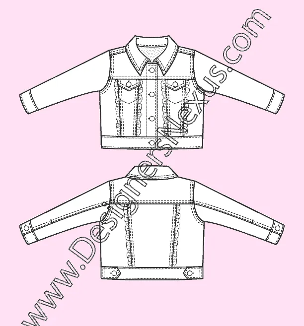 011 Fashion Flat Sketch of a girls', denim jacket with ruffles.