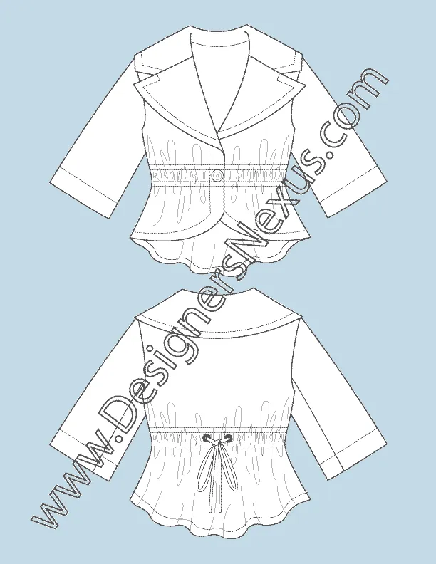 011 Fashion Flat Sketch of a women's wide collar, 3/4 sleeves, high-low jacket.