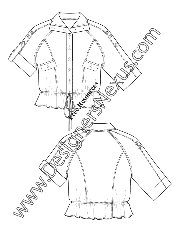 011 Fashion Flat Sketch of a women's rolled-up raglan sleeves jacket with waistline draw string.