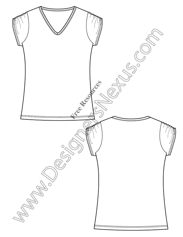 011 Fashion Flat Sketch of a women's ruched, short sleeves, V-neck T-shirt.