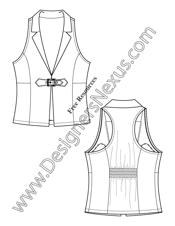 011 Fashion Flat Sketch of a women's notch collar vest with front buckle.