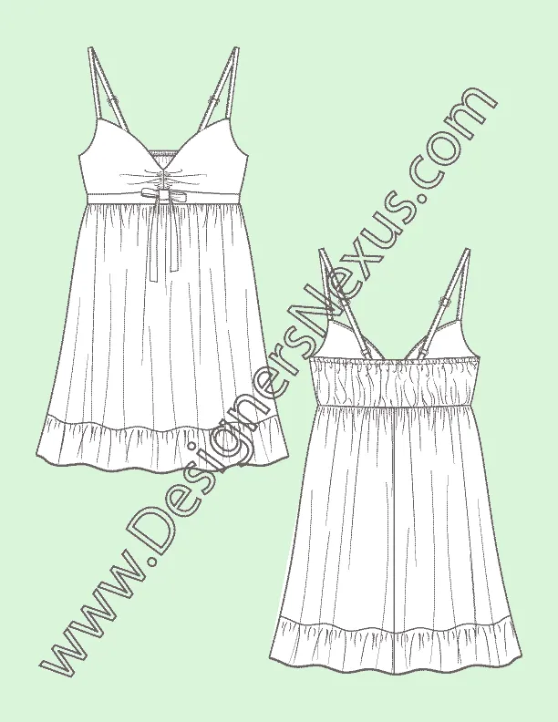 011 Fashion Flat Sketch of a women's empire seam, shoulder strap dress with bottom ruffle.