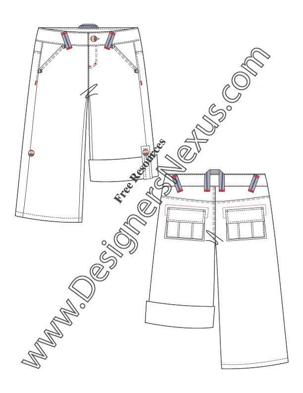 012 Fashion Flat Sketch of a women's wide leg, rolled-up pants with back cargo pockets.