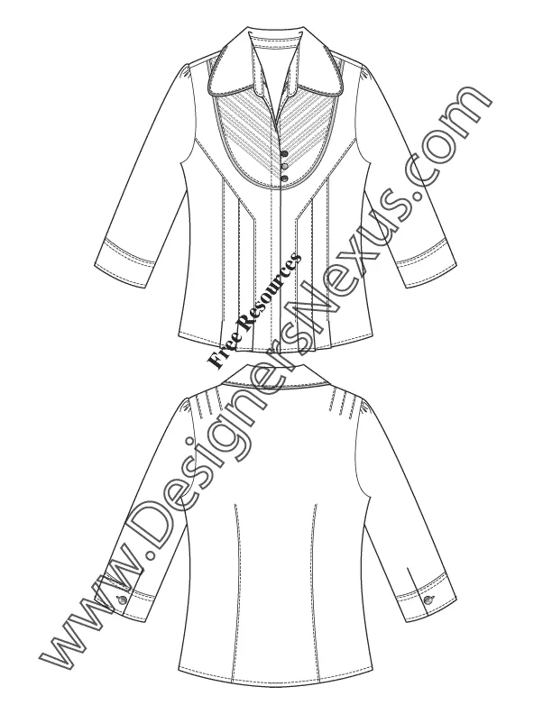 012 Fashion Flat Sketch of a women's front bib with pin tacks, elbow sleeves shirt.