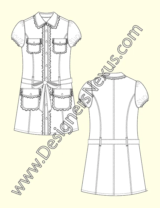 012 Fashion Flat Sketch of a women's puff sleeves, belted shirt dress with frills