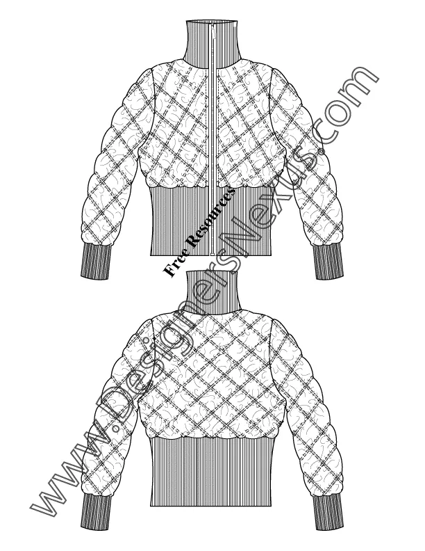 013 Fashion Flat Sketch of a women's cropped puffer with rib mock collar, bottom finish, and cuffs.