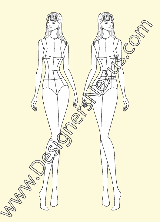 013 Women's fashion croqui template of a front view K-Girl Model with garment style lines - group 11