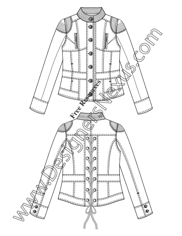 013 Fashion Flat Sketch of a women's collar stand, detailed design jacket with back lacing.