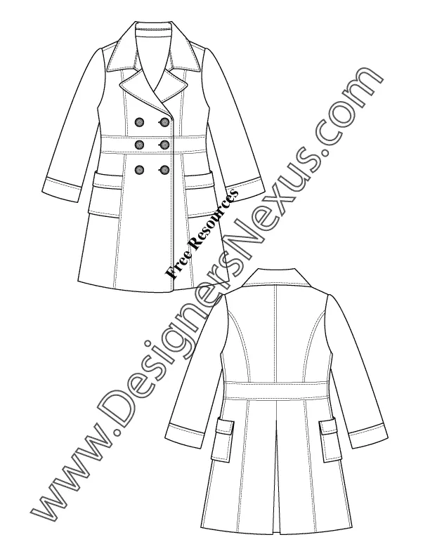 013 Fashion Flat Sketch of a women's double breasted coat with center back, inverted pleat.