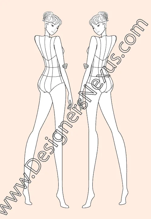 014 Women's fashion croqui template of a back view K-Girl Model with garment style lines - group 11