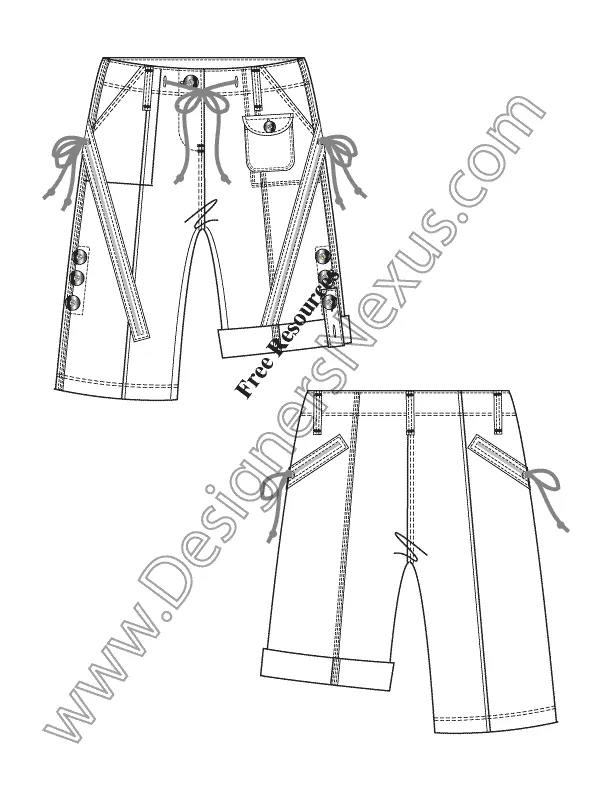 014 Fashion Flat Sketch of a women's rolled up, draw string, bermuda shorts.