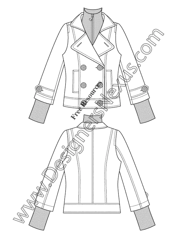 014 Fashion Flat Sketch of a women's double collar, peacoat jacket.