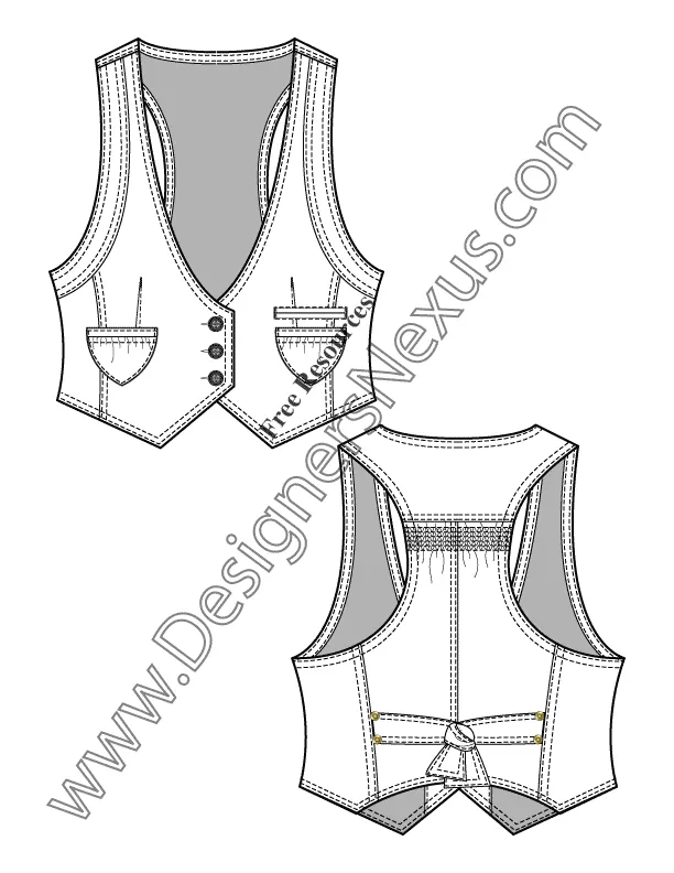 014 Fashion Flat Sketch of a women's V-neck, 3-button vest with back ties.