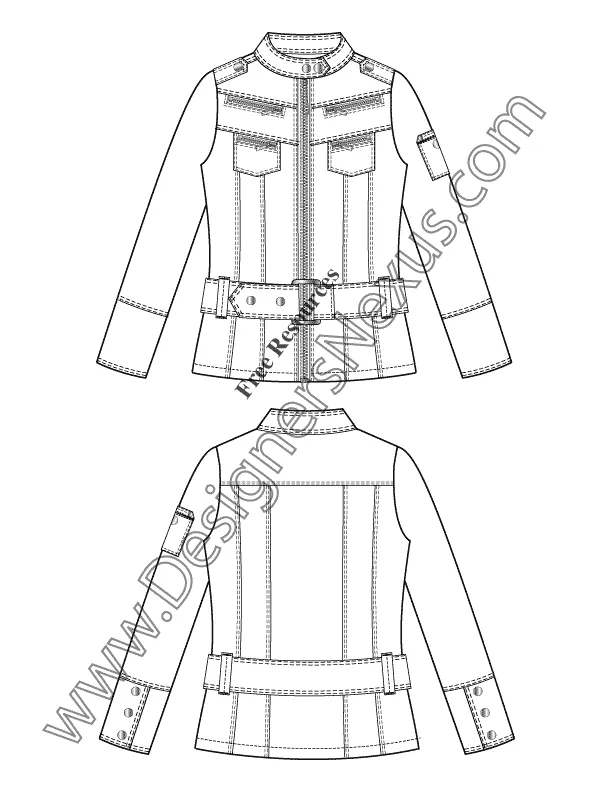 015 Fashion Flat Sketch of a women's belted, collar stand, zip-up jacket.