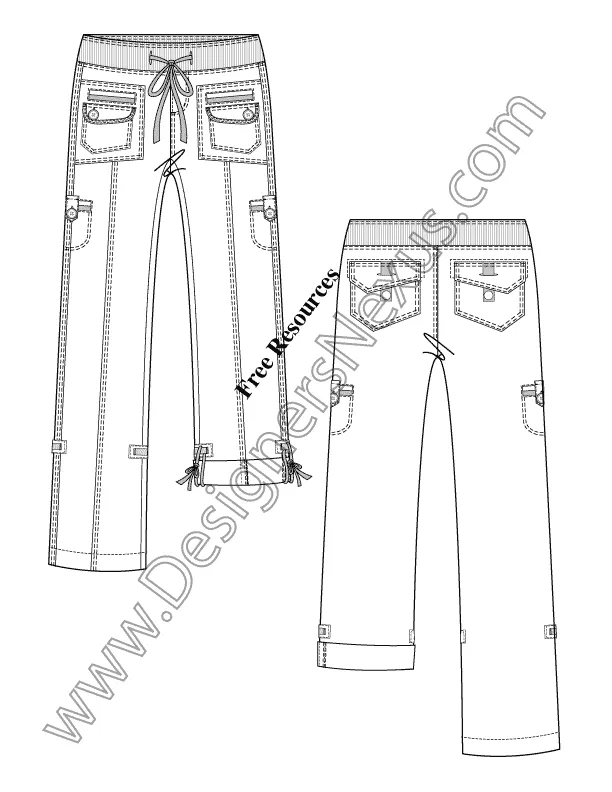 015 Fashion Flat Sketch of a women's rolled up, draw string, rib waistband pants.