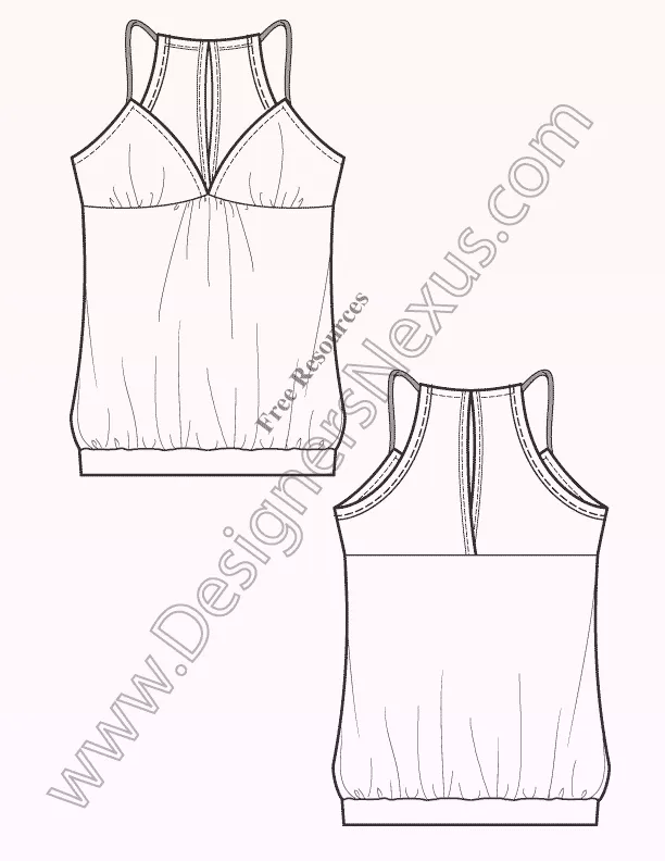 015 Fashion Flat Sketch of a women's racer back, shoulder strap, blouson style knit top